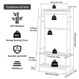 Fativo  Heavy Duty Clothes Rack Modern Simple White Rail Open Wardrobe Bamboo Wood Stand 165Cm H - thumbnail 2
