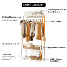 Fativo  Heavy Duty Clothes Rack Modern Simple White Rail Open Wardrobe Bamboo Wood Stand 165Cm H - thumbnail 4