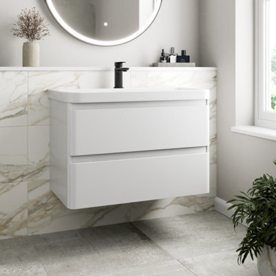 Affine 800mm Wall Hung Vanity Unit & Basin Ceramic Sink Bathroom Storage Cabinet Drawers White Gloss - image 1
