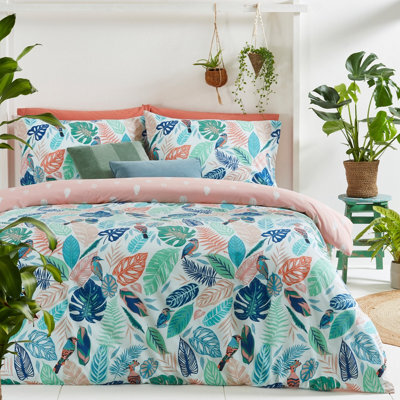 Furn. Guava Tropical Leaf Reversible Duvet Cover Set, Double, Green - image 1
