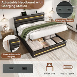 Matteo 5Ft King Ottoman Bed Frame With Hydraulic Storage, Rgb Led Lighting, Usb/type-C Charging & Adjustable Headboard - Black - thumbnail 6