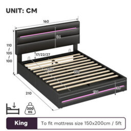 Matteo 5Ft King Ottoman Bed Frame With Hydraulic Storage, Rgb Led Lighting, Usb/type-C Charging & Adjustable Headboard - Black - thumbnail 9