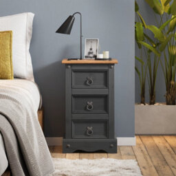 Bedside Cabinet 3 Drawer Charcoal Table Dark Grey Solid Wood Pine Wooden - thumbnail 3