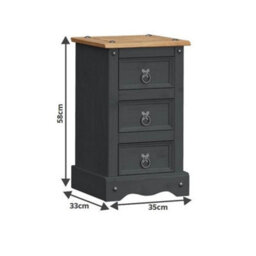 Bedside Cabinet 3 Drawer Charcoal Table Dark Grey Solid Wood Pine Wooden - thumbnail 2