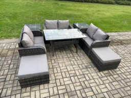 Fimous Outdoor Rattan Garden Furniture Lounge Sofa Set With Oblong Rectangular Dining Table 2 Big Footstool 2 Side Tables - thumbnail 2