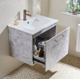 Homestylestore 600mm Concrete Grey Wall Hung Bathroom Vanity Unit And Copper T Bar Handle - thumbnail 3