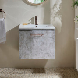 Homestylestore 600mm Concrete Grey Wall Hung Bathroom Vanity Unit And Copper T Bar Handle - thumbnail 2