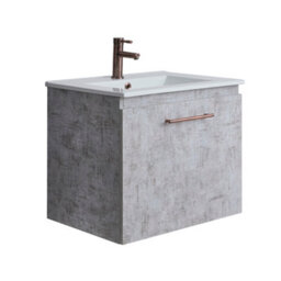Homestylestore 600mm Concrete Grey Wall Hung Bathroom Vanity Unit And Copper T Bar Handle