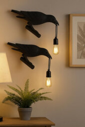Black Birds Resin Crow Desk Led Lamp E27 Base Modern Raven Art Deco Bedside Decor Plug In Cord Wall Lamps For Bedroom, Office - thumbnail 7