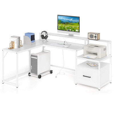 L-Shaped Desk Home Office Desk With File Drawer & Power Outlet-White - image 1
