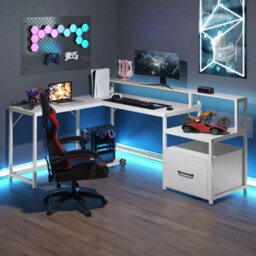 L-Shaped Desk Home Office Desk With File Drawer & Power Outlet-White - thumbnail 3