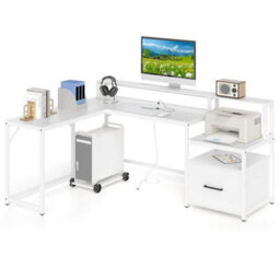 L-Shaped Desk Home Office Desk With File Drawer & Power Outlet-White - thumbnail 1