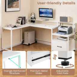 L-Shaped Desk Home Office Desk With File Drawer & Power Outlet-White - thumbnail 5