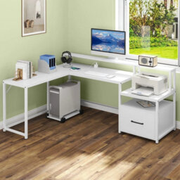 L-Shaped Desk Home Office Desk With File Drawer & Power Outlet-White - thumbnail 4