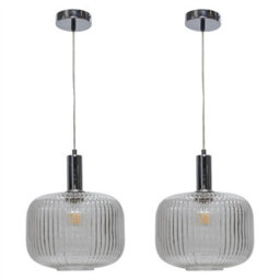 First Choice Lighting Set Of 2 Batley Large - Clear Ribbed Glass Chrome Deco Pendants - thumbnail 1