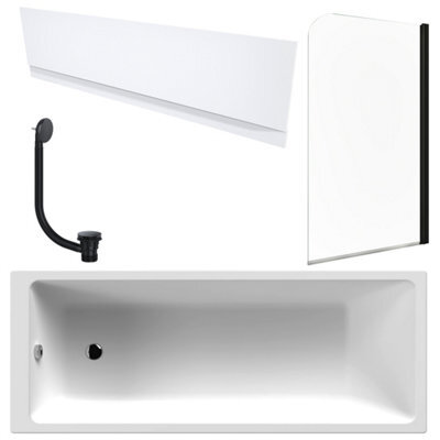 FNX Bathrooms White 1700 X 700 mm Single-Ended Bath With Waterproof Front Panel Matching Black Bath Waste & Curved Black-Profile Bath Screen - image 1