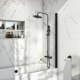 FNX Bathrooms White 1700 X 700 mm Single-Ended Bath With Waterproof Front Panel Matching Black Bath Waste & Curved Black-Profile Bath Screen - thumbnail 5