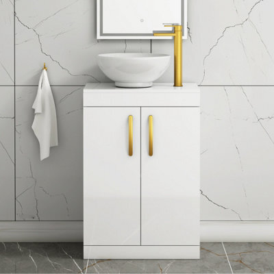 Royal Bathrooms 600mm Floor Standing Vanity Unit 2 Door Gloss White & Countertop Basin - Breeze With Brushed Brass Handle - image 1