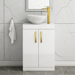 Royal Bathrooms 600mm Floor Standing Vanity Unit 2 Door Gloss White & Countertop Basin - Breeze With Brushed Brass Handle - thumbnail 1