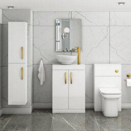 Royal Bathrooms 600mm Floor Standing Vanity Unit 2 Door Gloss White & Countertop Basin - Breeze With Brushed Brass Handle - thumbnail 2