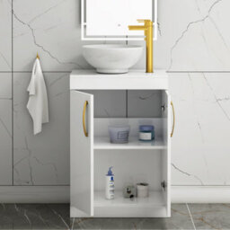 Royal Bathrooms 600mm Floor Standing Vanity Unit 2 Door Gloss White & Countertop Basin - Breeze With Brushed Brass Handle - thumbnail 3