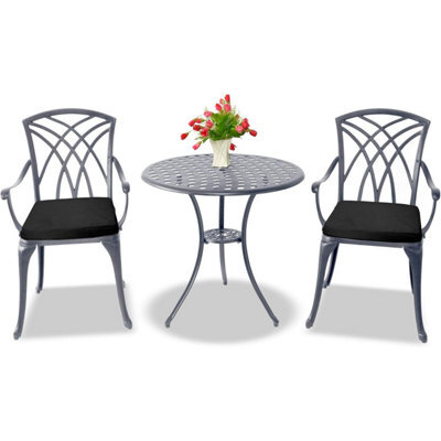Homeology Oshowa Grey Aluminium Weatherproof Outdoor Table And 2 Comfortable Chairs Bistro Set With Black Cushions - image 1