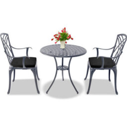 Homeology Oshowa Grey Aluminium Weatherproof Outdoor Table And 2 Comfortable Chairs Bistro Set With Black Cushions - thumbnail 5