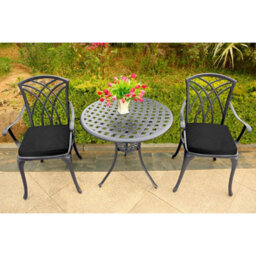 Homeology Oshowa Grey Aluminium Weatherproof Outdoor Table And 2 Comfortable Chairs Bistro Set With Black Cushions - thumbnail 4