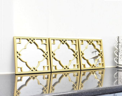 Biznest Set Of 3 Silver Moroccan Tile Mirrors Moroccan Wall Art Hanging Mirror Square For Hanging And Wall Decor ( Gold )