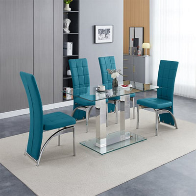 Furniture In Fashion Jet Small Clear Glass Dining Table With 4 Ravenna Teal Chairs - image 1