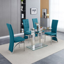 Furniture In Fashion Jet Small Clear Glass Dining Table With 4 Ravenna Teal Chairs - thumbnail 1