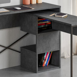 Decortie Modern Badau L-Shaped Computer Desk Retro Grey Black Metal Legs 3 Adjustable Storage Shelf Extra Pc Table 110Cm(W) Office - thumbnail 7