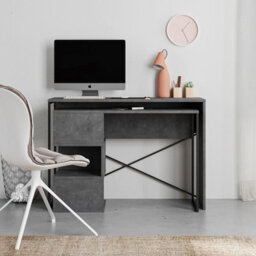 Decortie Modern Badau L-Shaped Computer Desk Retro Grey Black Metal Legs 3 Adjustable Storage Shelf Extra Pc Table 110Cm(W) Office - thumbnail 4