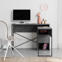 Decortie Modern Badau L-Shaped Computer Desk Retro Grey Black Metal Legs 3 Adjustable Storage Shelf Extra Pc Table 110Cm(W) Office - thumbnail 6