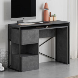 Decortie Modern Badau L-Shaped Computer Desk Retro Grey Black Metal Legs 3 Adjustable Storage Shelf Extra Pc Table 110Cm(W) Office - thumbnail 5