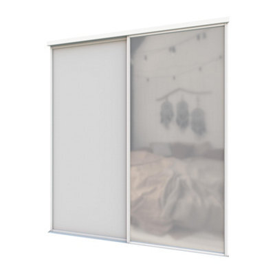 A-Class Sliding Doors Set Of 2 Light Grey & Mirror Sliding Wardrobe Door Kit, White Frame & Tracks, Opening Height (H) 225-226Cm & Width (W) 180-181Cm - image 1