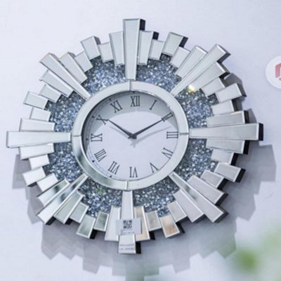 Deenz Crushed Jewel Round 60Cm Sunburst Mirrored Office Wall Clock Modern Living Room Badroom Decor