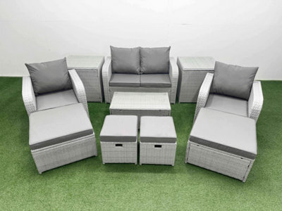 Fimous 10 Pcs Rectangular Coffee Table Set Reclining Chair Inclining Sofa Seat 2 Side Tables 2 Big Footstool Light Grey - image 1