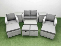 Fimous 10 Pcs Rectangular Coffee Table Set Reclining Chair Inclining Sofa Seat 2 Side Tables 2 Big Footstool Light Grey - thumbnail 1