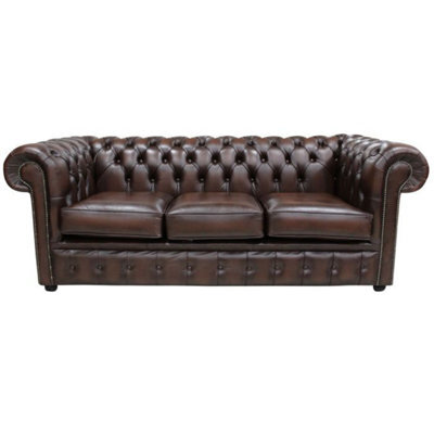 Chesterfield 3 Seater Antiquen Brown Leather Tufted Buttoned Sofa In Classic Style - image 1