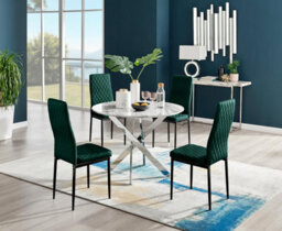 Furniturebox Uk Novara White Marble Round Dining Table & 4 Green Velvet Milan Black Leg Chairs