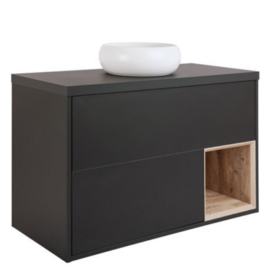 Homestylestore Black Grey 1000mm Led Lit Wall Hung Bathroom Vanity Unit With Round Chalk Countertop Basin - image 1