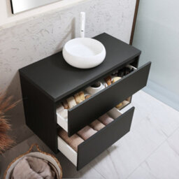 Homestylestore Black Grey 1000mm Led Lit Wall Hung Bathroom Vanity Unit With Round Chalk Countertop Basin - thumbnail 2