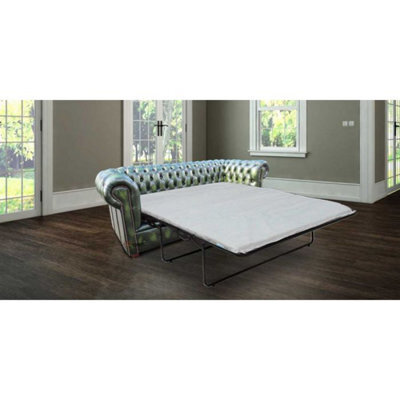 Chesterfield 3 Seater Sofabed Antique Green Real Leather In Classic Style - image 1