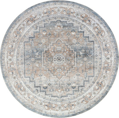 Livabliss Round Lillian-Washable Blue Brown Traditional Vintage Boho Living Dining Rug 200 X 200 Cm Easy Care, Non Shedding - image 1