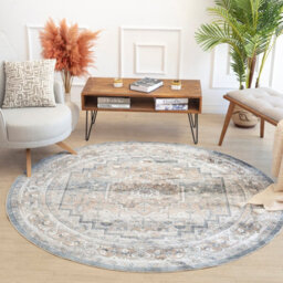 Livabliss Round Lillian-Washable Blue Brown Traditional Vintage Boho Living Dining Rug 200 X 200 Cm Easy Care, Non Shedding - thumbnail 2