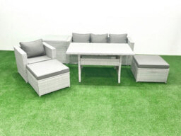 Fimous Rattan Garden Furniture Set Outdoor 6 Seater Patio Dining Sets Glass Top Dining Table And Side Table Light Grey
