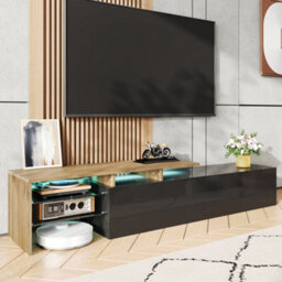 Matteo Modern Black & Wood Effect Tv Cabinet With High Gloss Doors, Glass Shelves & 16-Colour Led Lighting - 170Cm Wide - thumbnail 4