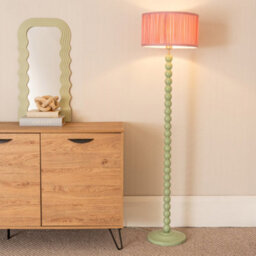 Valuelights Bobbins Sage Green Floor Lamp With Ruched Pleated Blush Pink Drum Shade