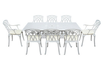 Sh&g Chirk 8 Seat Dining Table Set - 9 Piece Extendable Table & Chairs - White Aluminium With Cream Cushions - Indoor & Outdoor - image 1